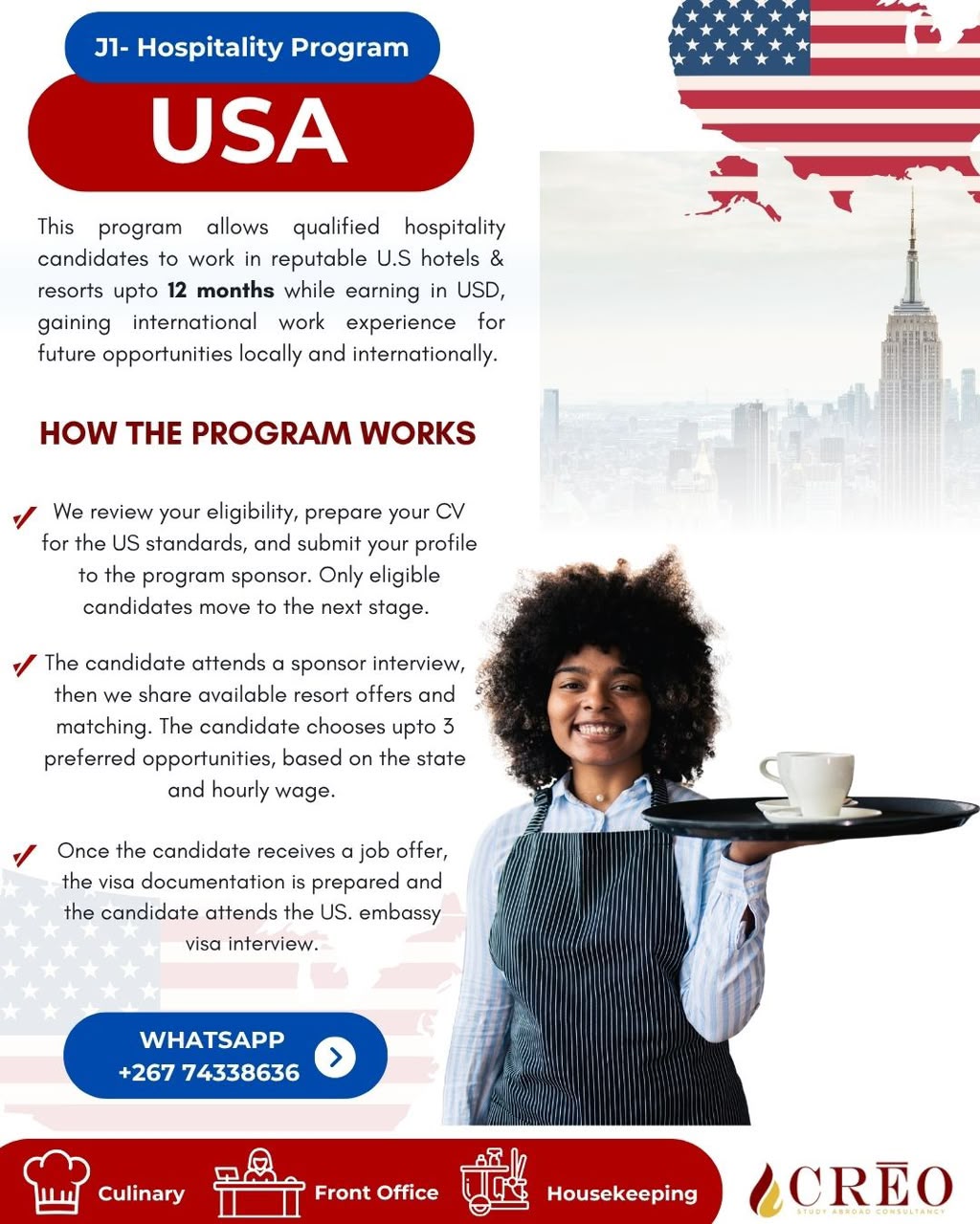 Crēo flyer: J1 Hospitality Program USA — how the program works